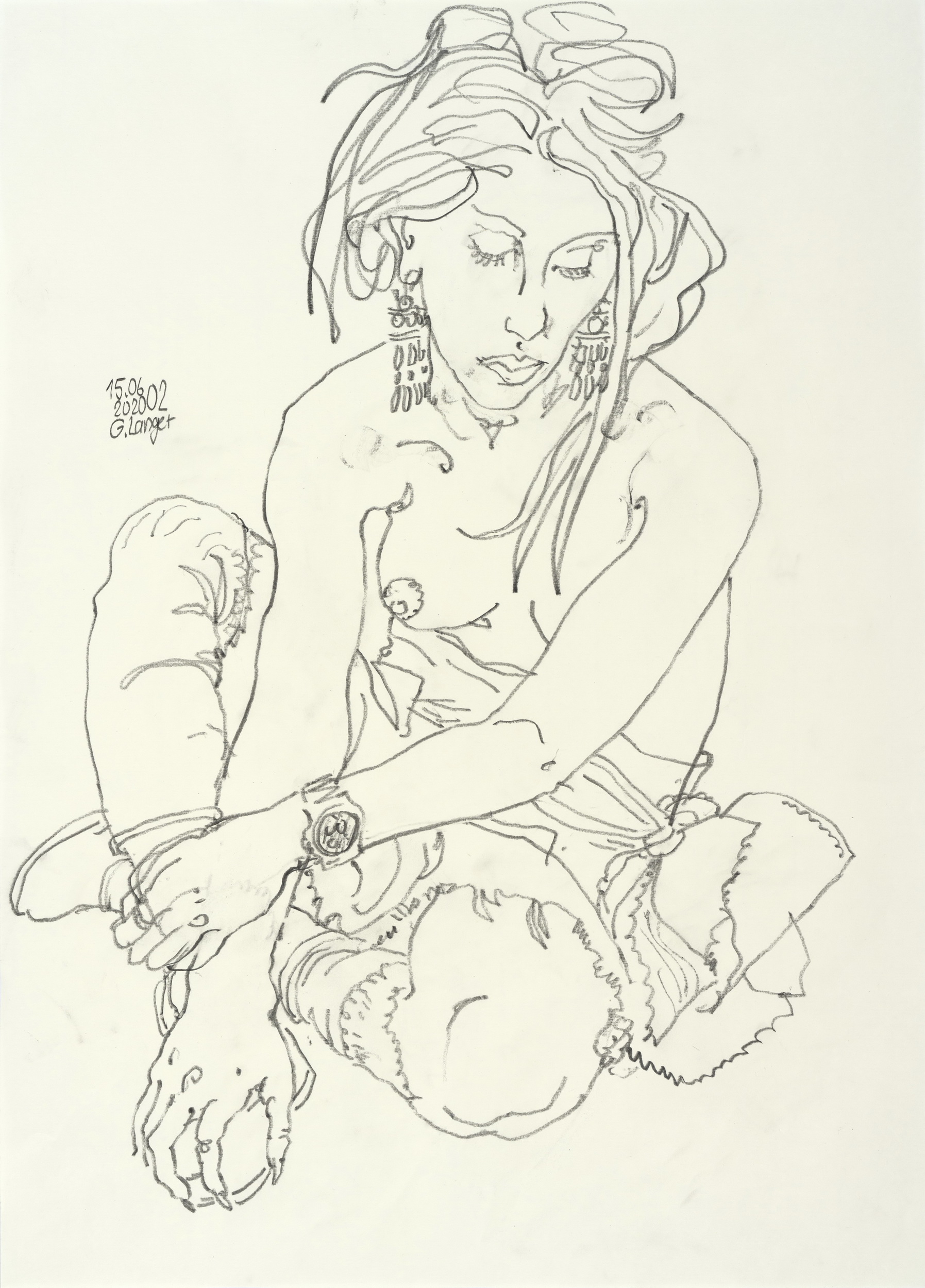 Gunter Langer, Halb angezogenes sitzendes Mädchen mit Rock Strümpfen und Schuhen, 2020, Zeichnung, Zeichenpapier, 70 x 50 cm